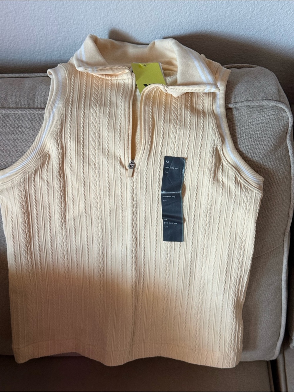 Light yellow and cream Cable-Knit Sleeveless Zip Polo Top